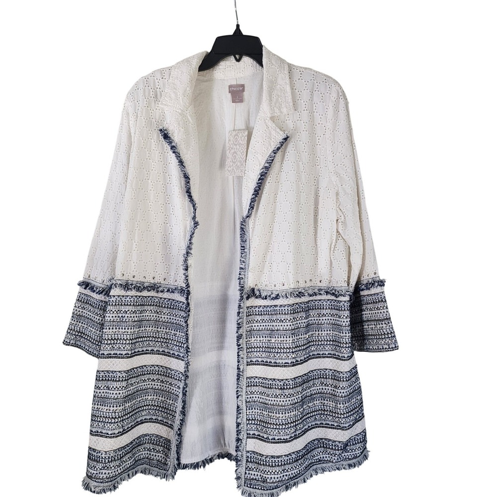Chicos Cotton Eyelet Jacket Embellished 3/4 Sleeve Alabaster Womens 3 16/18 NWT